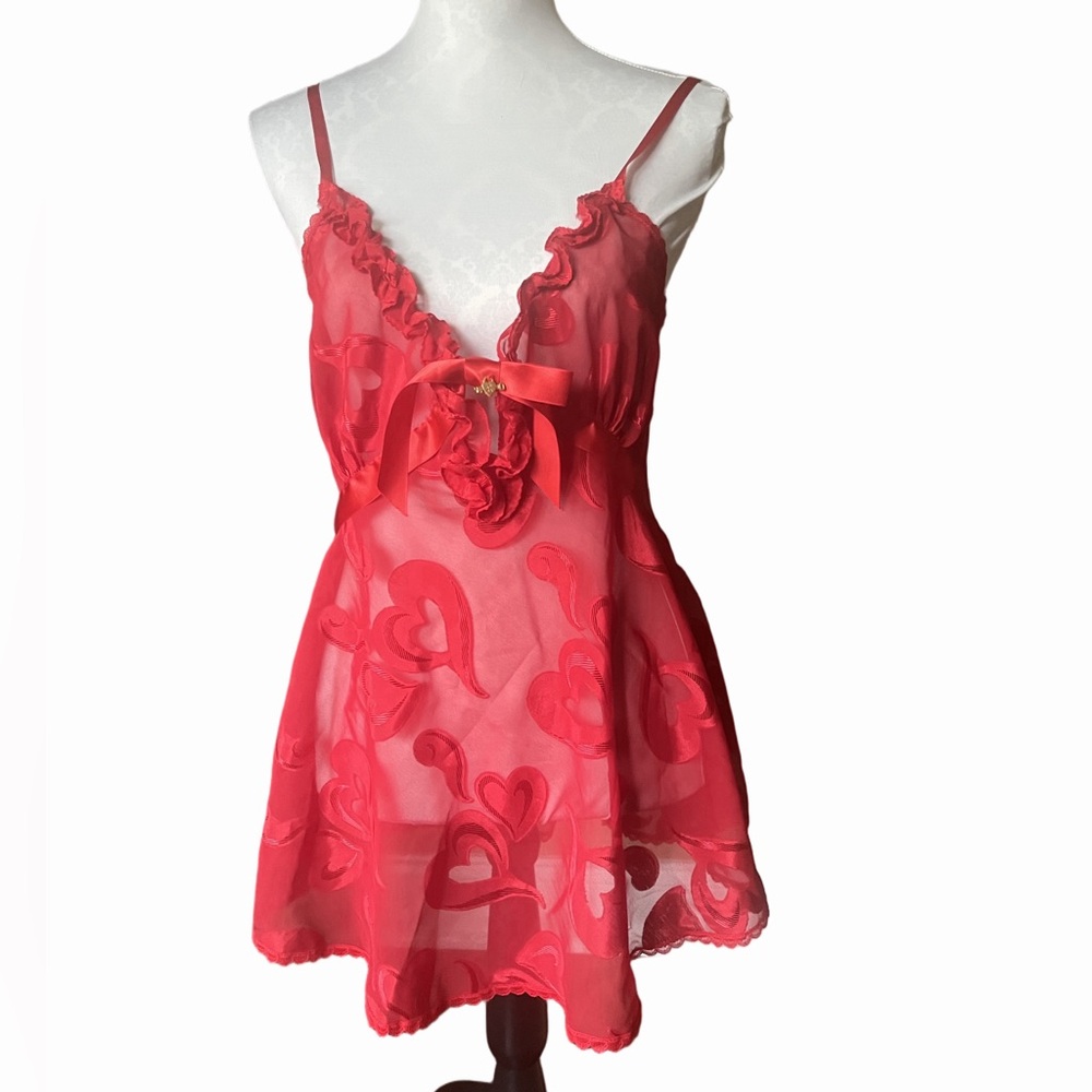 Red Sheer Heart Babydoll Lingerie Slip w/ Ruffle Trim & Bow